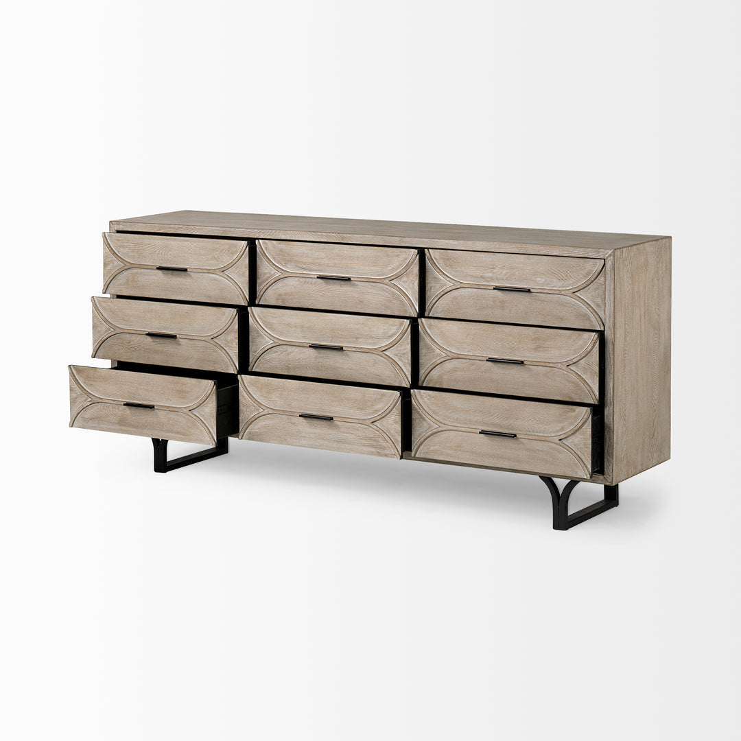 Giselle II Brown Fir Veneer W/Black Metal Leg 9 Drawer Sideboard