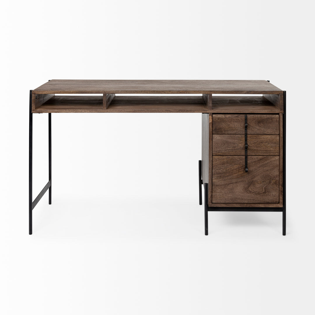 Glenn VII 56L x 22W Dark Brown Wood w/ Black Iron Frame, 3 Drawer Office Desk