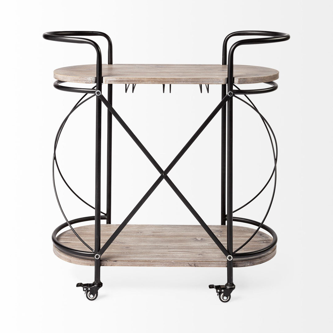 Marlon Black Metal Frame Two Tier Shelves w/Stemware holder Bar Cart