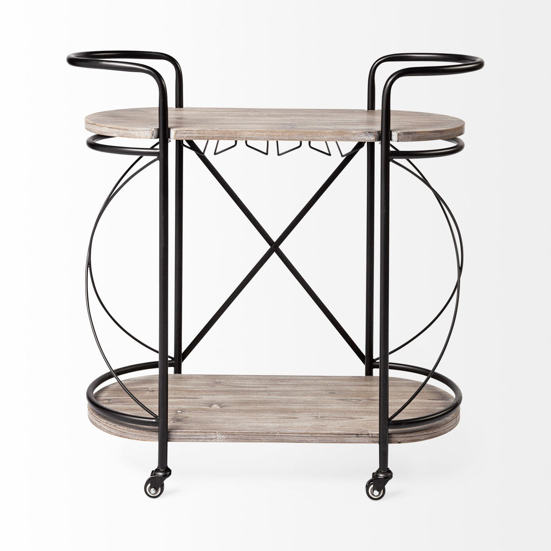 Marlon Black Metal Frame Two Tier Shelves w/Stemware holder Bar Cart