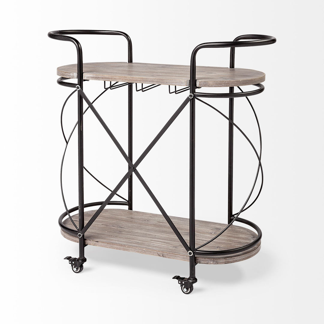Marlon Black Metal Frame Two Tier Shelves w/Stemware holder Bar Cart