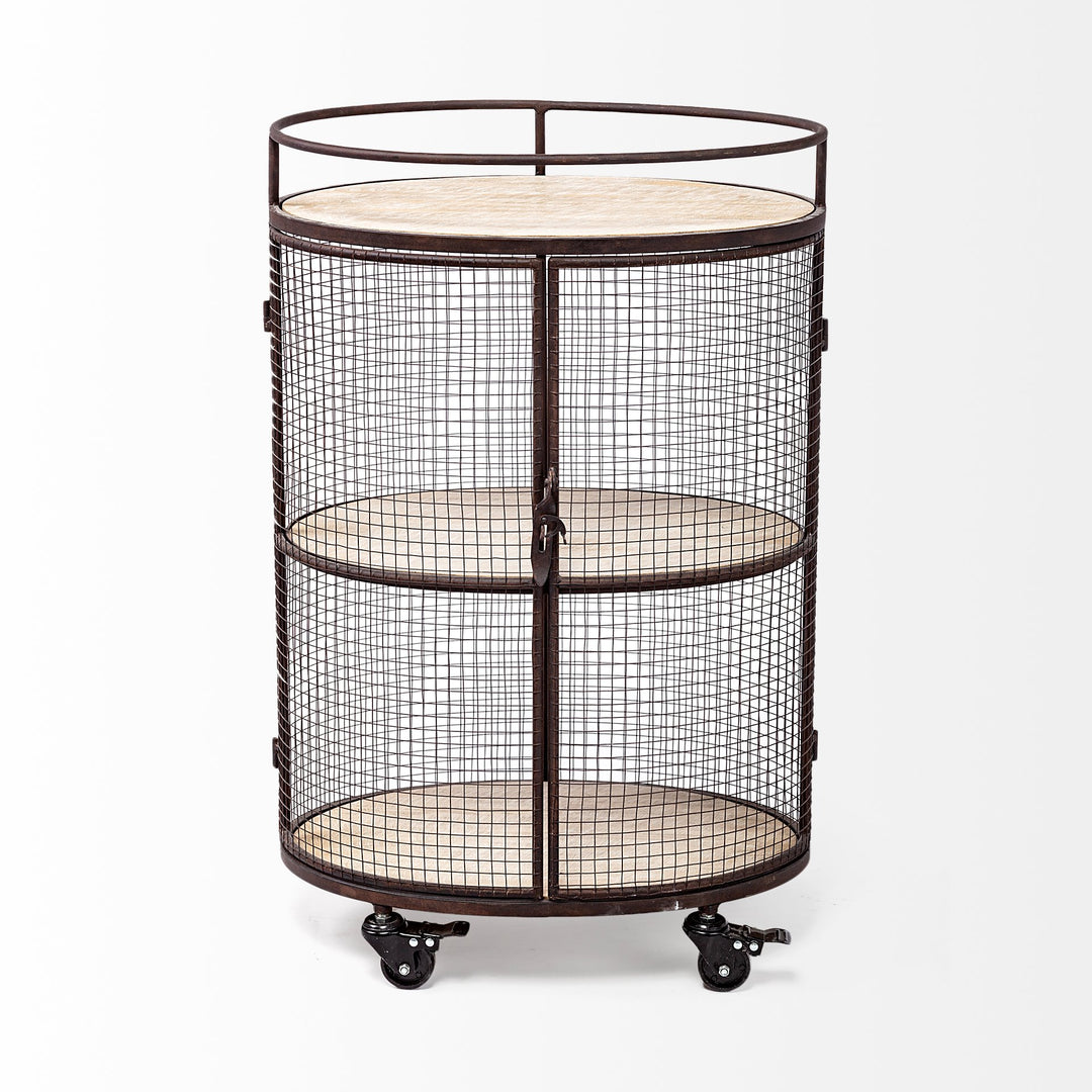 Saluti II Black Metal Frame cage w/three wood shelves oval Bar Cart