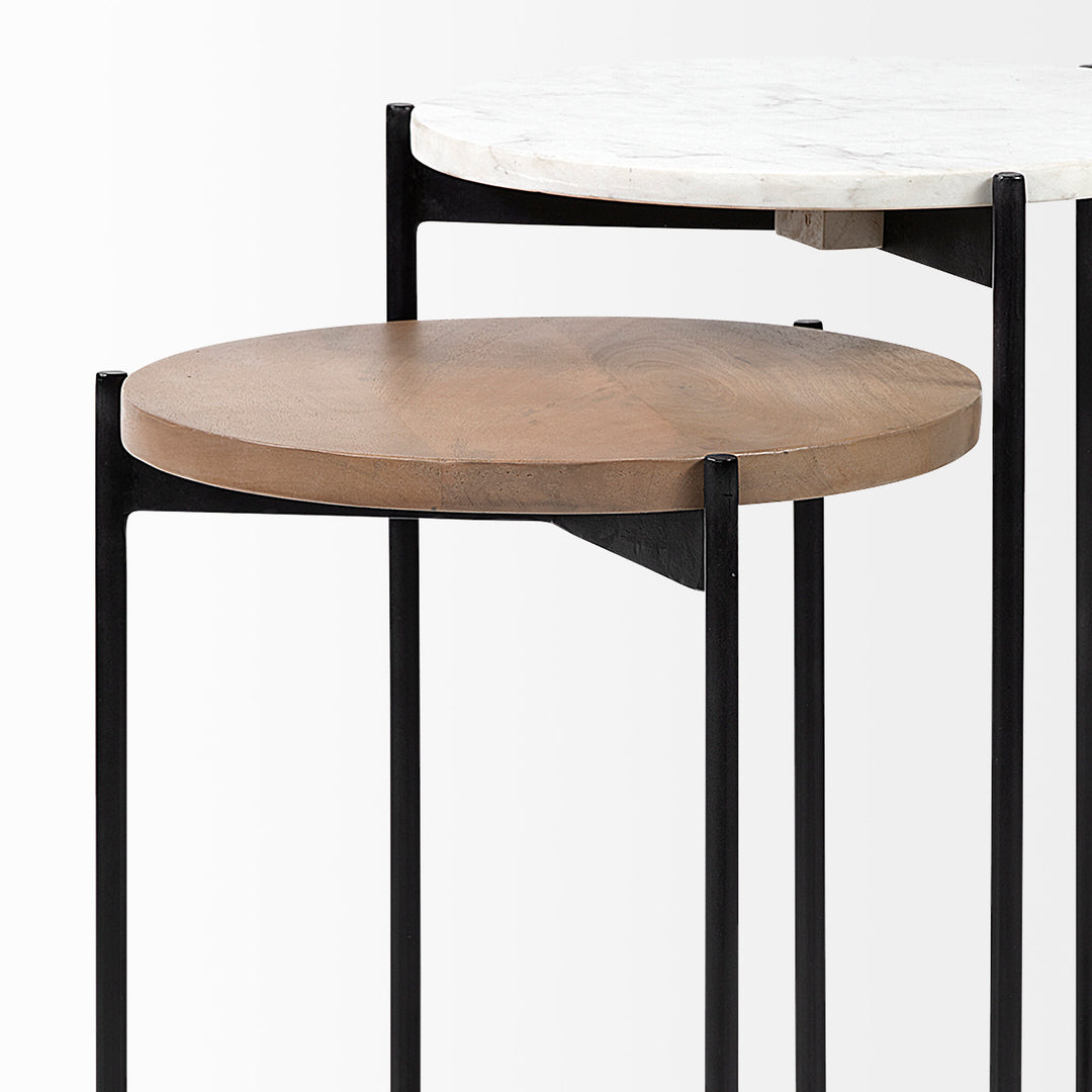 Larkin II Marble and Medium Brown Wood Round Tabletop Nesting End/Side Tables