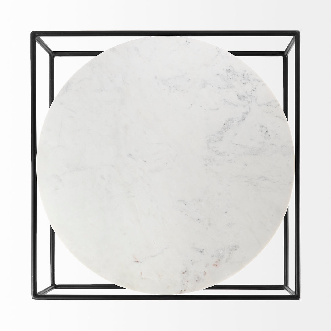 Austen 36L x 36W x 14.5H Round White Marble Top W/ Black Metal Frame Coffee Table