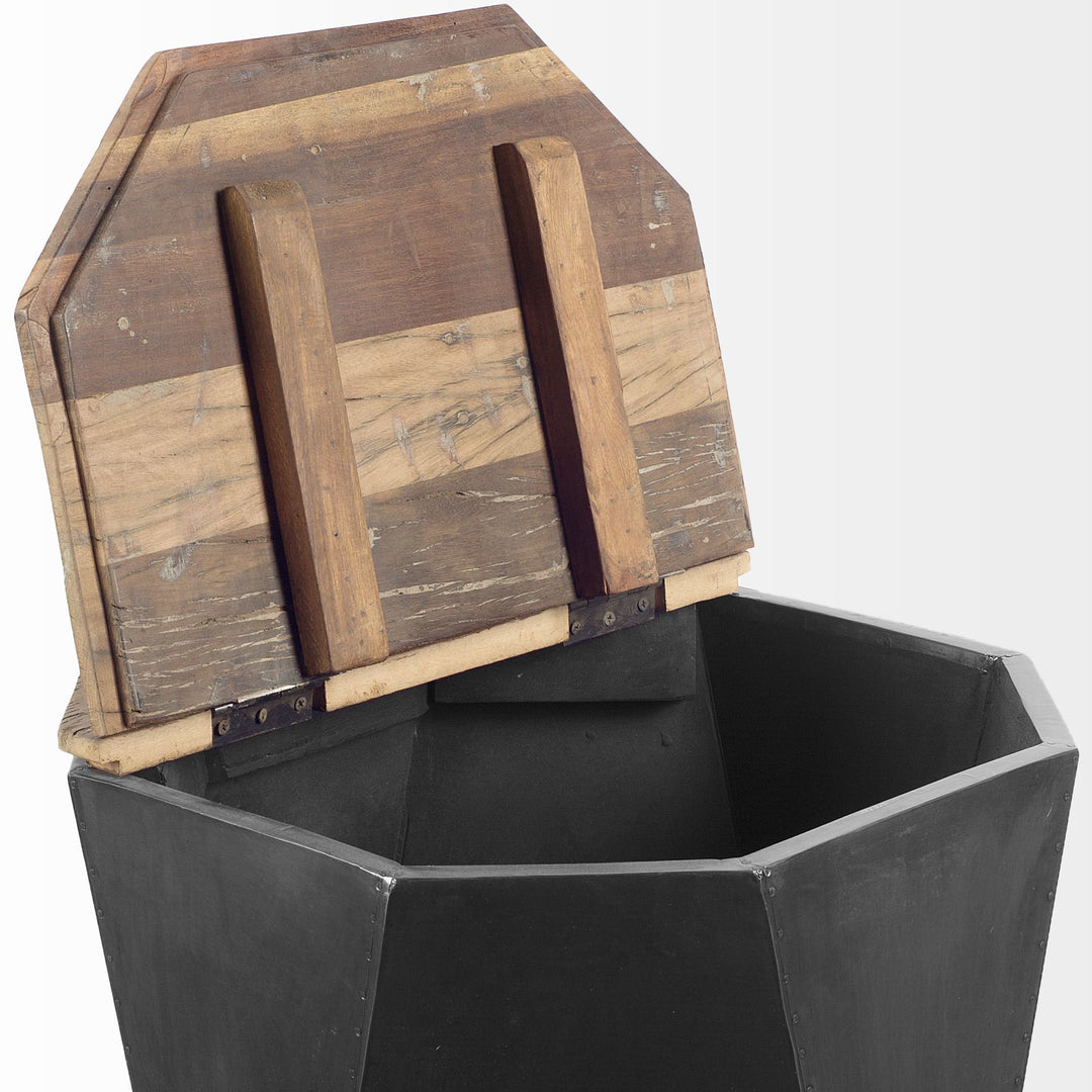 Esagono Octagonal Black Metal-Clad Reclaimed Wood End/Side Table w/ Storage