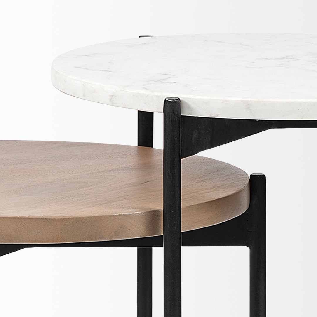 Larkin II Marble and Medium Brown Wood Round Tabletop Nesting End/Side Tables