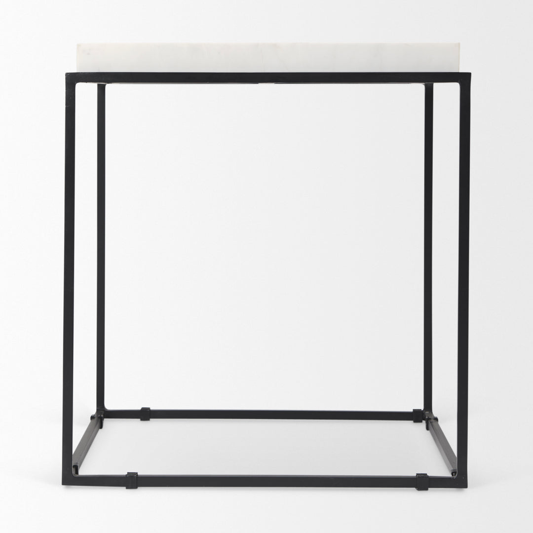 Nathan II 18" x 20" Square Top White Marble and Black Metal End/Side Table