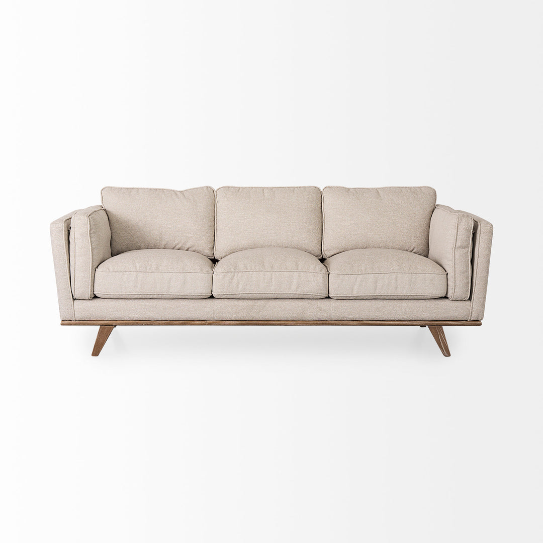 Brooks 90.2L x 34.8W x 33.5H Cream Fabric Three Seater Sofa W/ Medium Brown Wooden Legs
