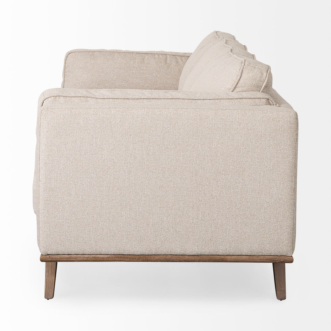 Brooks 90.2L x 34.8W x 33.5H Cream Fabric Three Seater Sofa W/ Medium Brown Wooden Legs