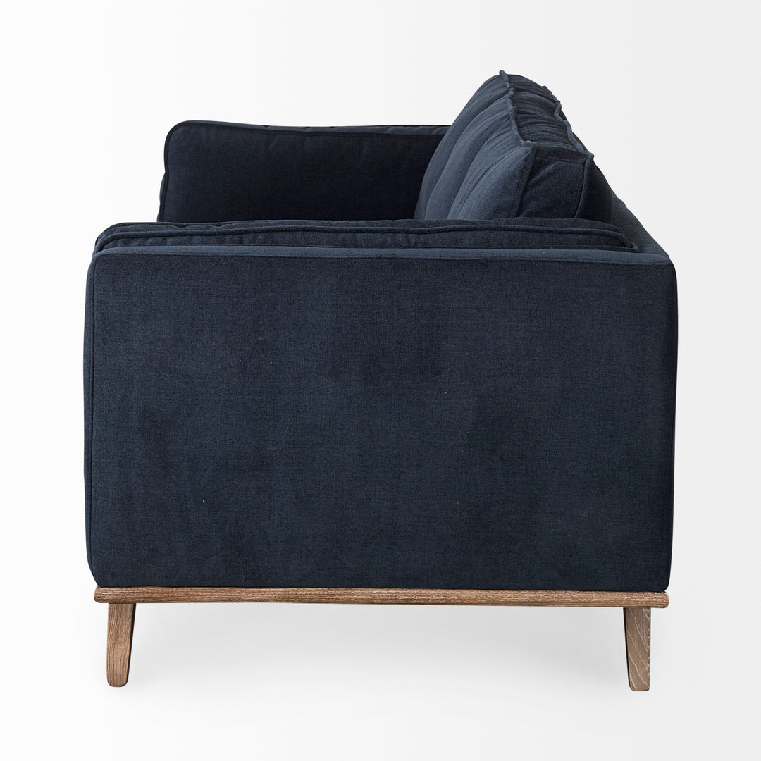 Brooks 90.2L x 34.8W x 33.5H Navy Blue Fabric Three Seater Sofa W/ Medium Brown Wooden Legs