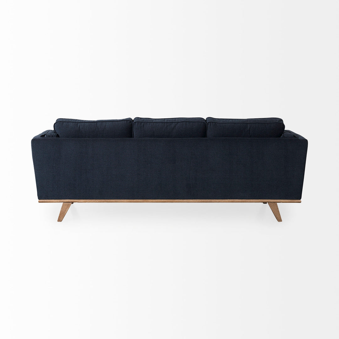 Brooks 90.2L x 34.8W x 33.5H Navy Blue Fabric Three Seater Sofa W/ Medium Brown Wooden Legs