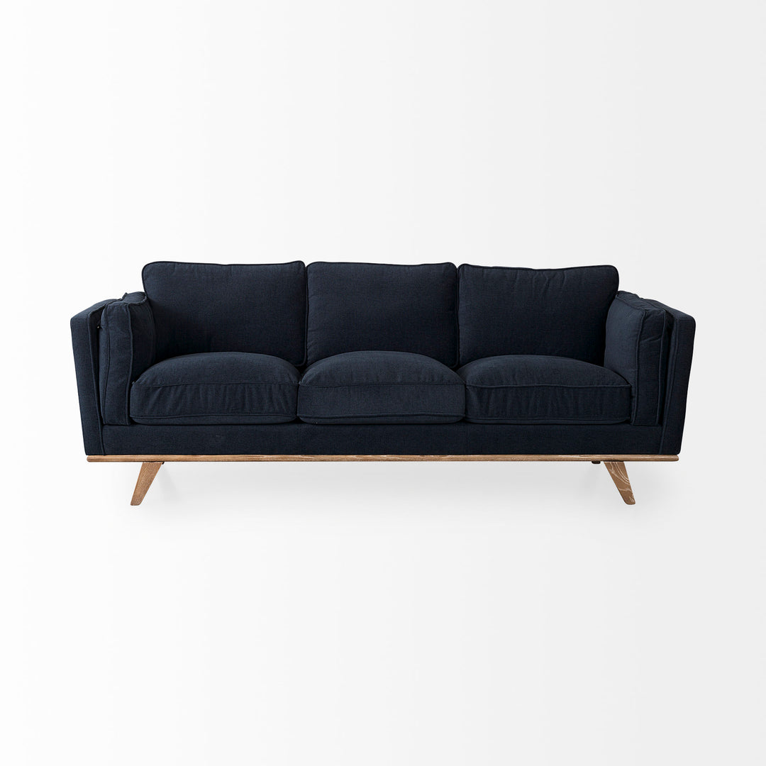 Brooks 90.2L x 34.8W x 33.5H Navy Blue Fabric Three Seater Sofa W/ Medium Brown Wooden Legs