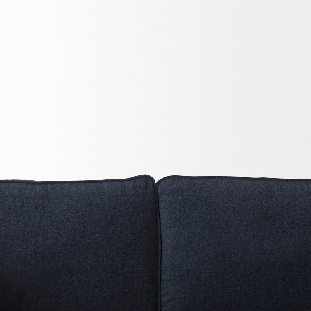 Brooks 90.2L x 34.8W x 33.5H Navy Blue Fabric Three Seater Sofa W/ Medium Brown Wooden Legs