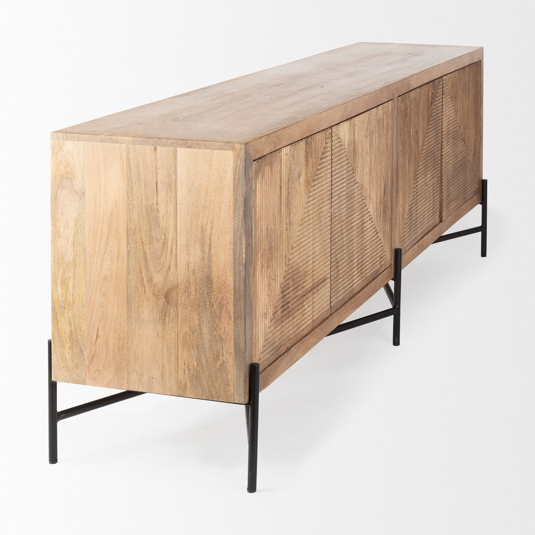 Cairo 78x19 Brown Solid Wood Black Metal Base 4 Door Cabinet Sideboard