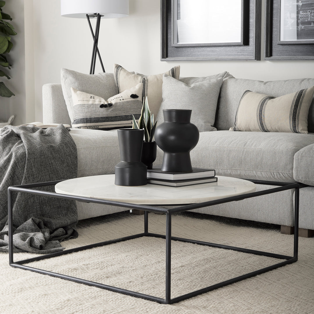 Austen 36L x 36W x 14.5H Round White Marble Top W/ Black Metal Frame Coffee Table