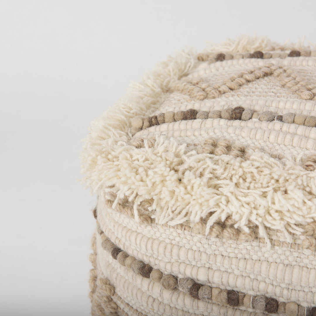 Caela Beige/Brown Wool, Cotton and Felt Popcorn Stitch Square Pouf