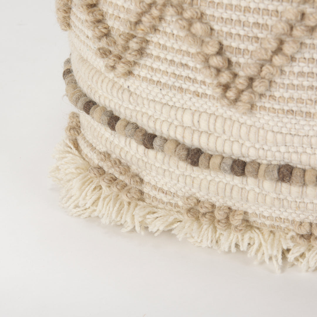 Caela Beige/Brown Wool, Cotton and Felt Popcorn Stitch Square Pouf