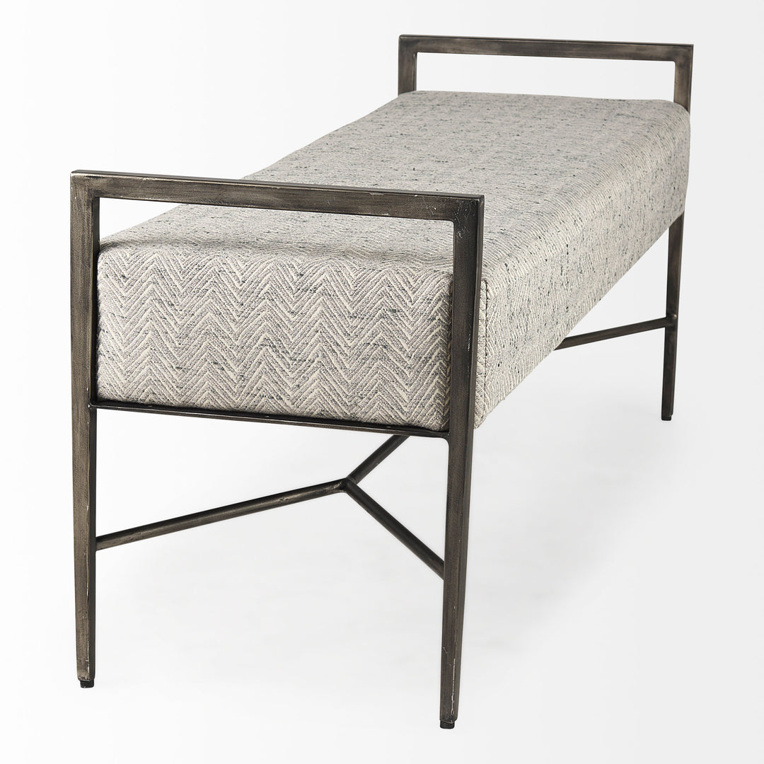 Charlotte  55.0L Gray Herringbone Fabric Seat w/ Antique Nickel Metal Frame Bench