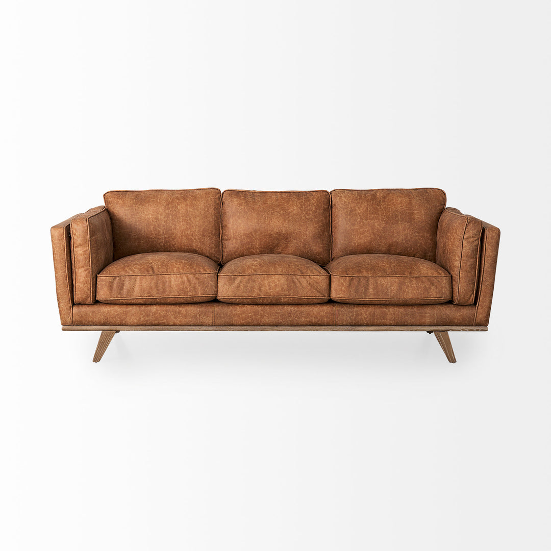 Brooks 90.2L x 34.8W x 33.5H Cognac Brown Faux Leather Three Seater Sofa W/ Medium Brown Wooden Legs