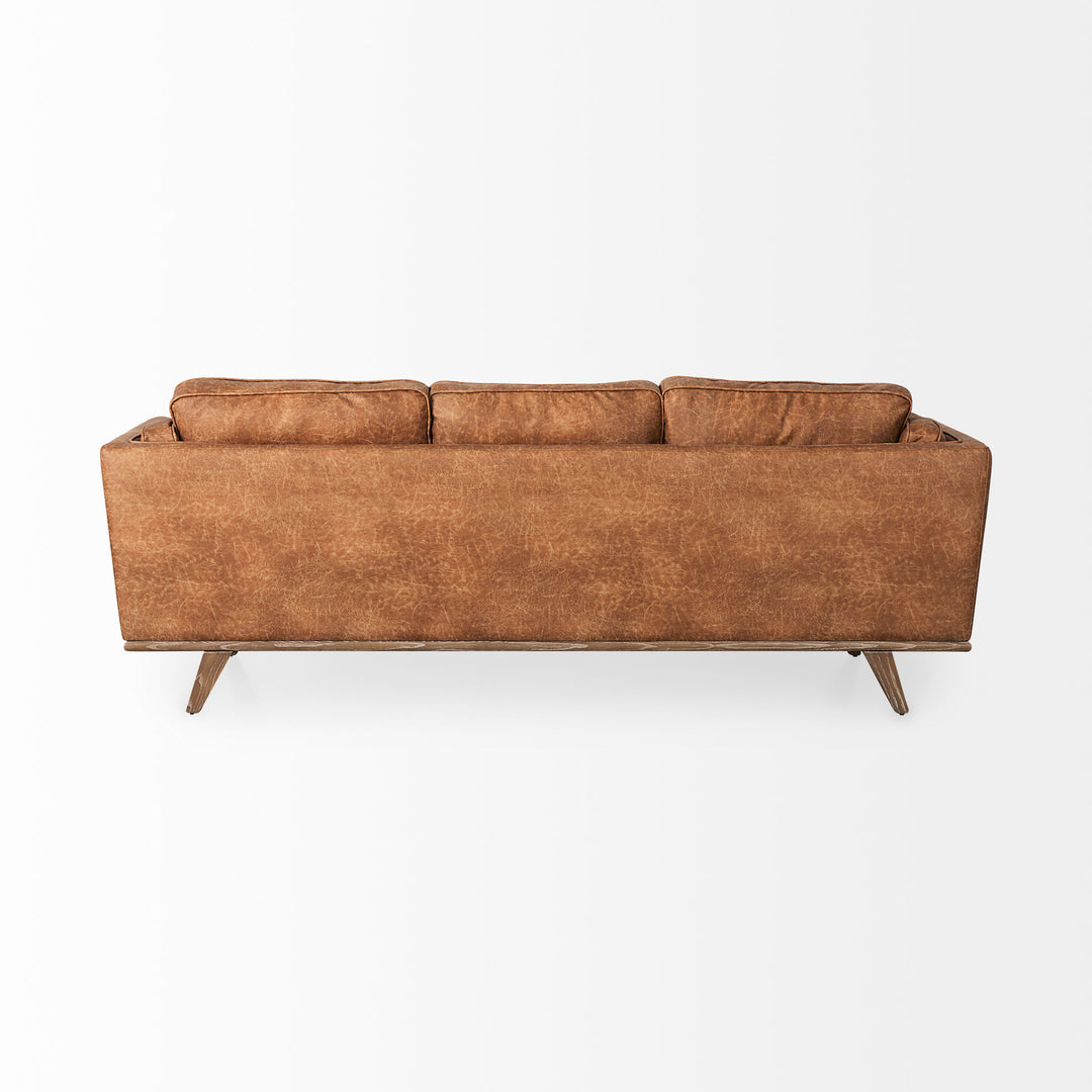 Brooks 90.2L x 34.8W x 33.5H Cognac Brown Faux Leather Three Seater Sofa W/ Medium Brown Wooden Legs
