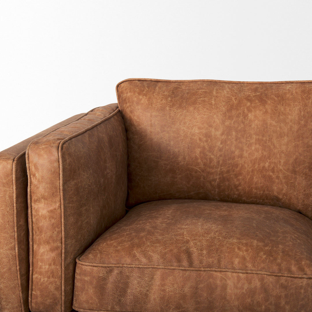 Brooks 90.2L x 34.8W x 33.5H Cognac Brown Faux Leather Three Seater Sofa W/ Medium Brown Wooden Legs