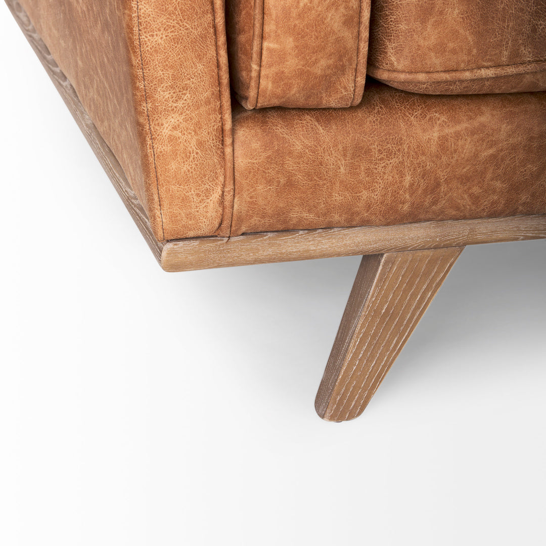 Brooks 90.2L x 34.8W x 33.5H Cognac Brown Faux Leather Three Seater Sofa W/ Medium Brown Wooden Legs