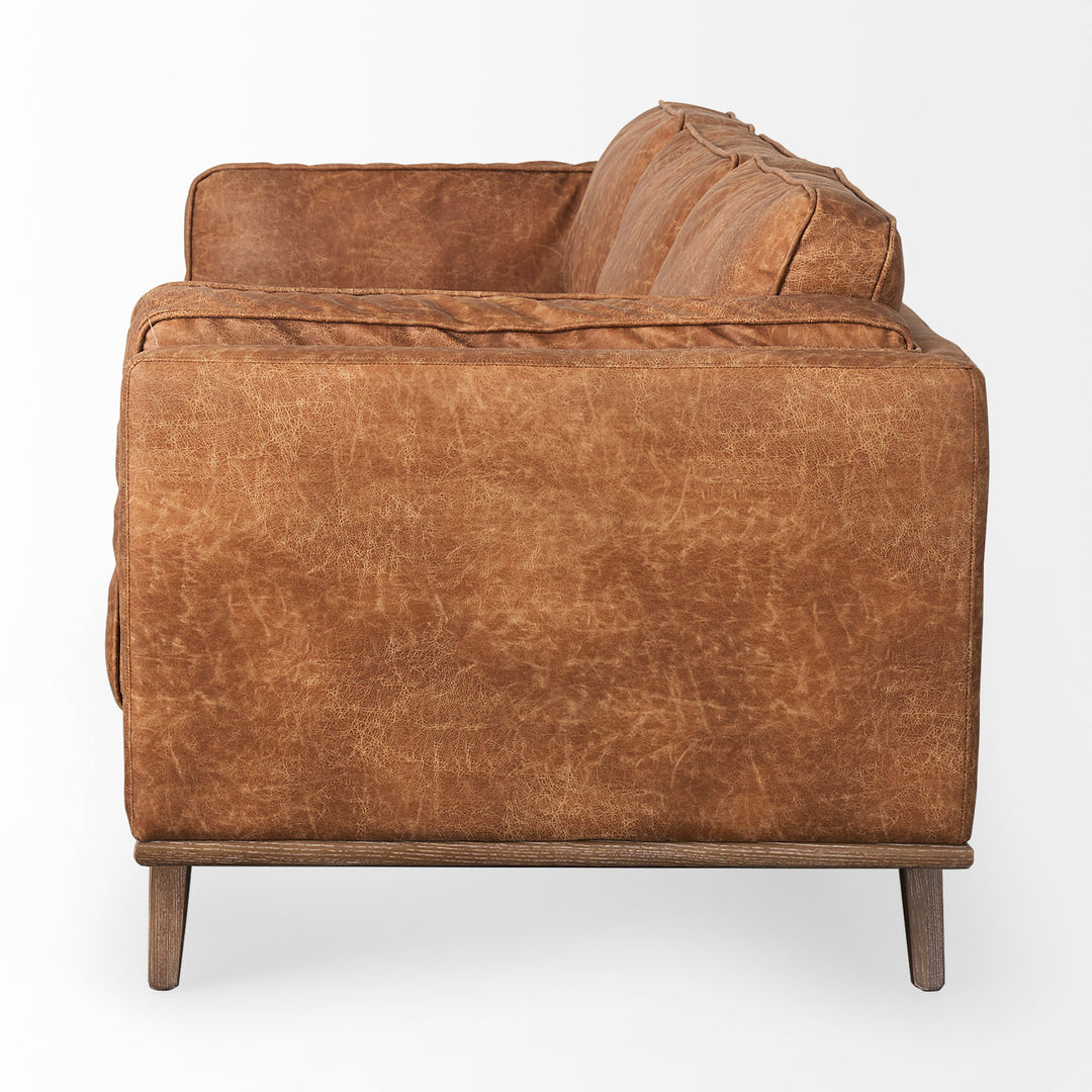 Brooks 90.2L x 34.8W x 33.5H Cognac Brown Faux Leather Three Seater Sofa W/ Medium Brown Wooden Legs