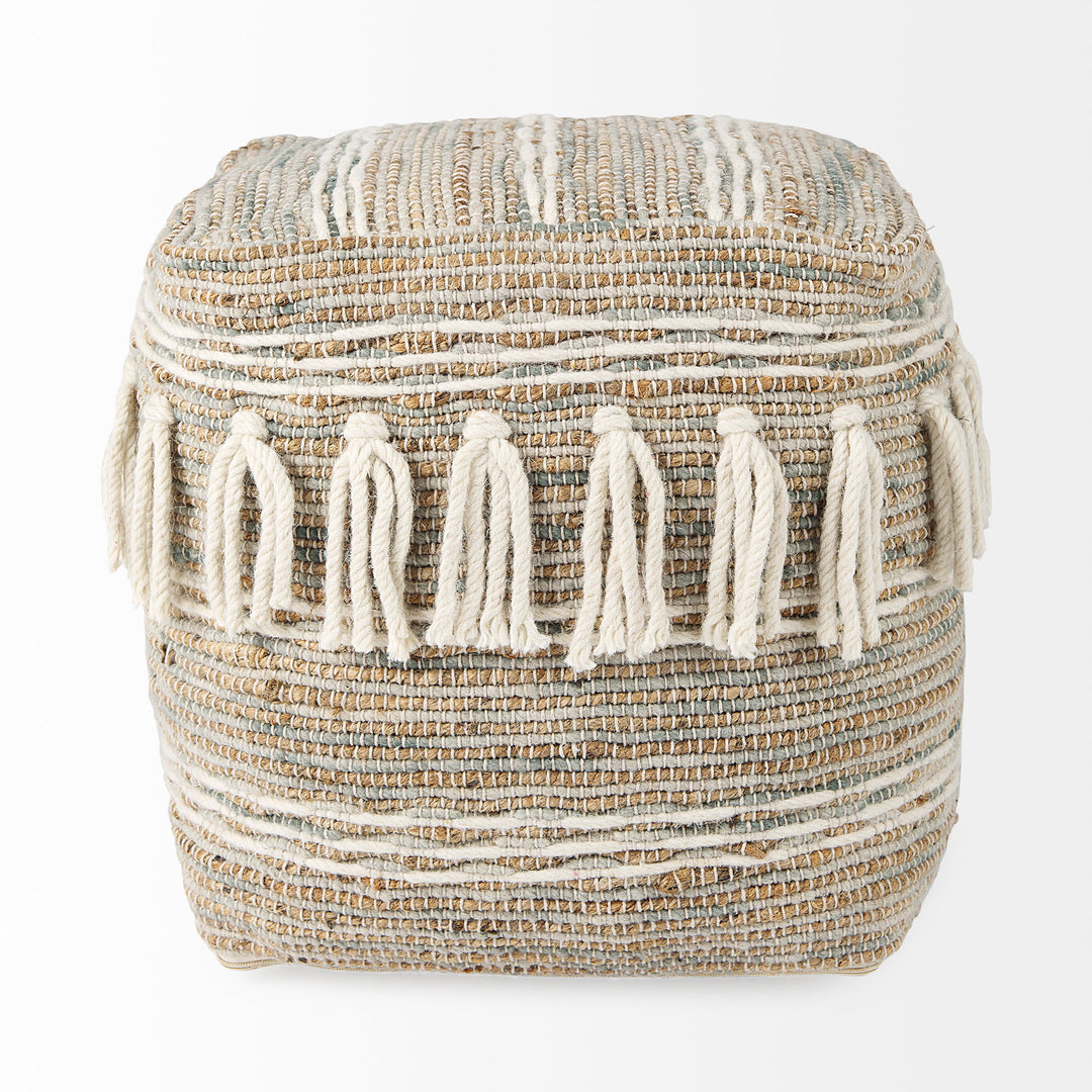 Avni 16.0L x 16.0W x 16.0H Cream/Brown Hemp and Wool Fringed Pouf