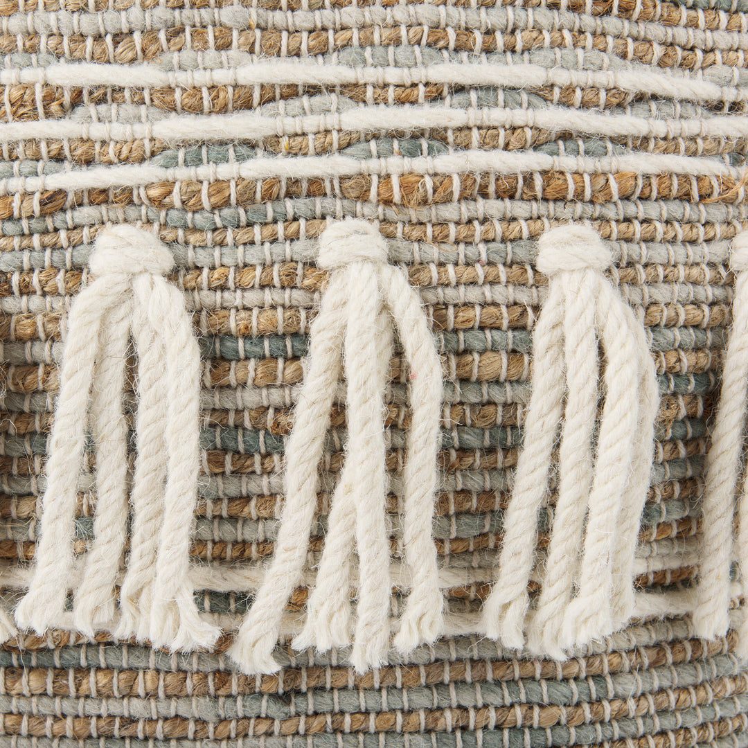 Avni 16.0L x 16.0W x 16.0H Cream/Brown Hemp and Wool Fringed Pouf