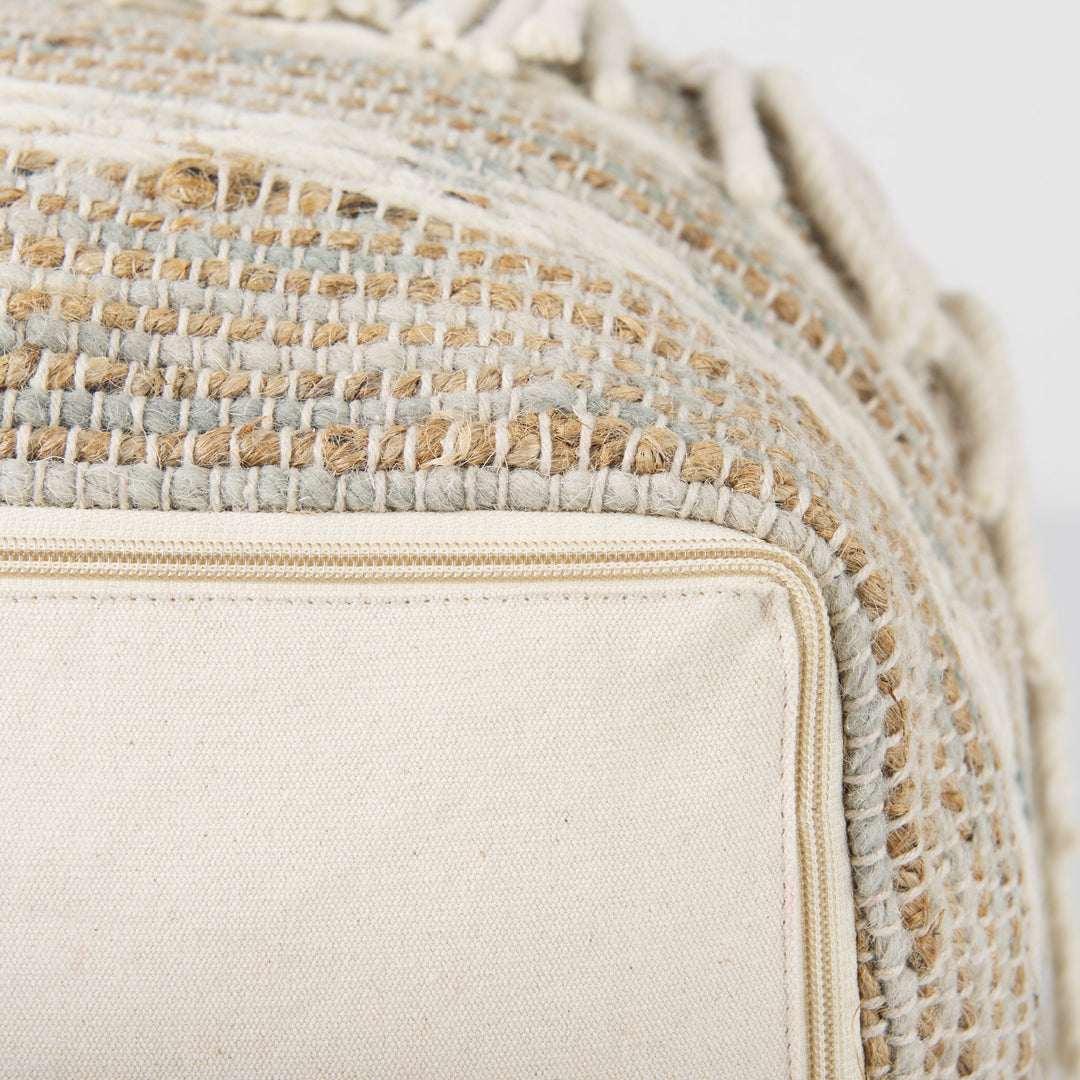 Avni 16.0L x 16.0W x 16.0H Cream/Brown Hemp and Wool Fringed Pouf