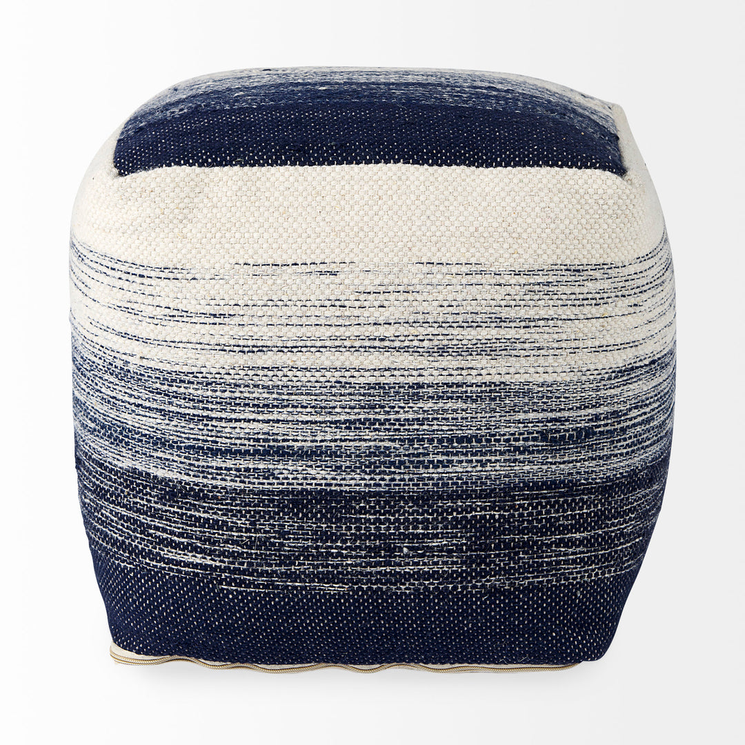 Damini 18.5L x 18.5W x 18.1H Blue/Cream Wool and Cotton Pouf