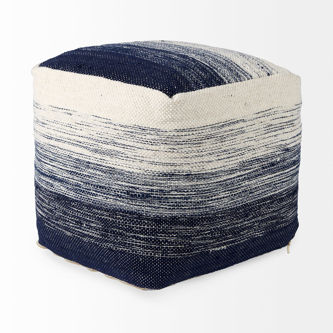 Damini 18.5L x 18.5W x 18.1H Blue/Cream Wool and Cotton Pouf