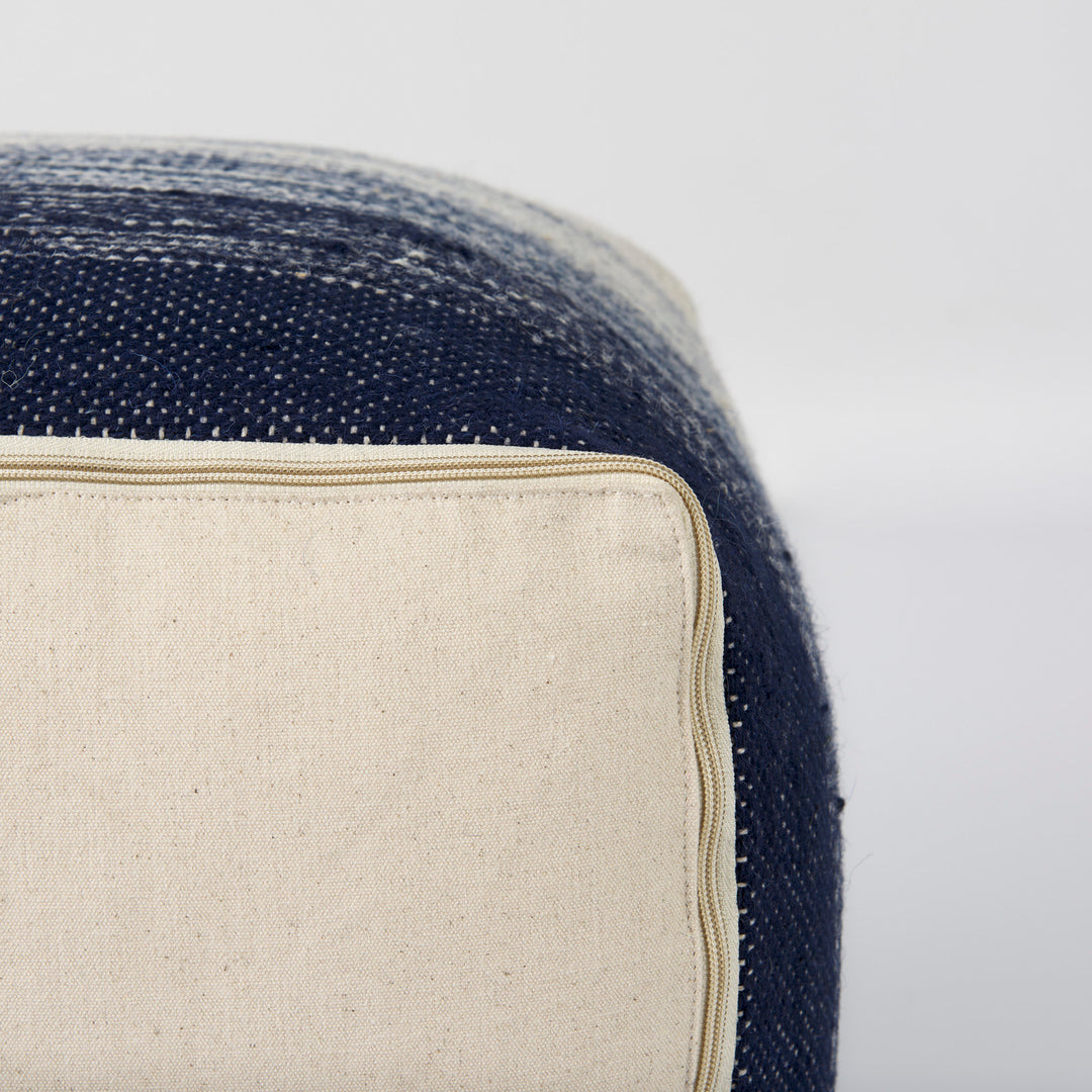 Damini 18.5L x 18.5W x 18.1H Blue/Cream Wool and Cotton Pouf