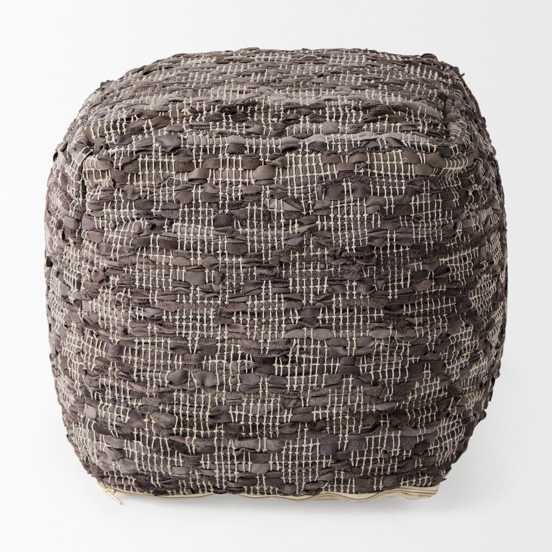 Falguni 16.0L x 16.0W x 16.0H Gray Leather and Cotton Patterned Pouf