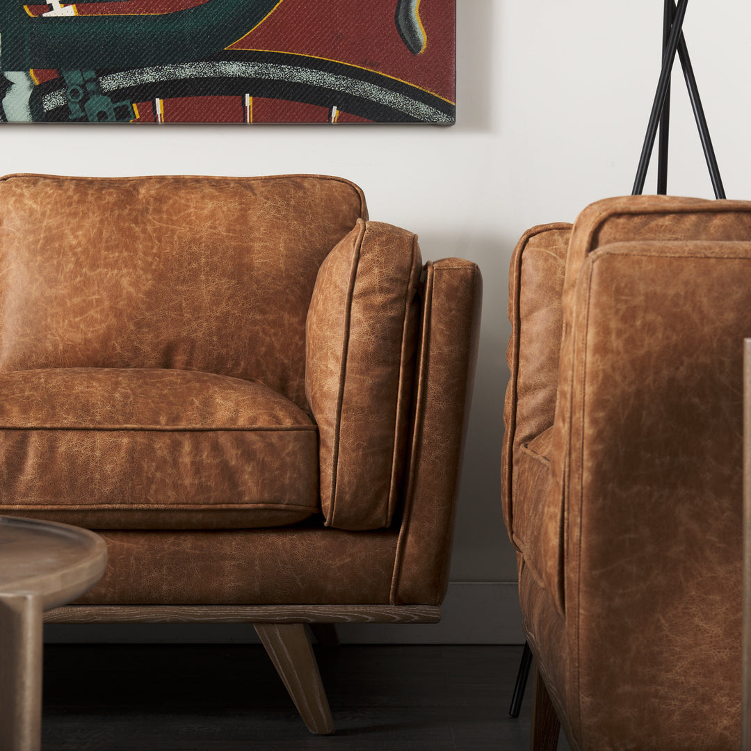 Brooks 90.2L x 34.8W x 33.5H Cognac Brown Faux Leather Three Seater Sofa W/ Medium Brown Wooden Legs