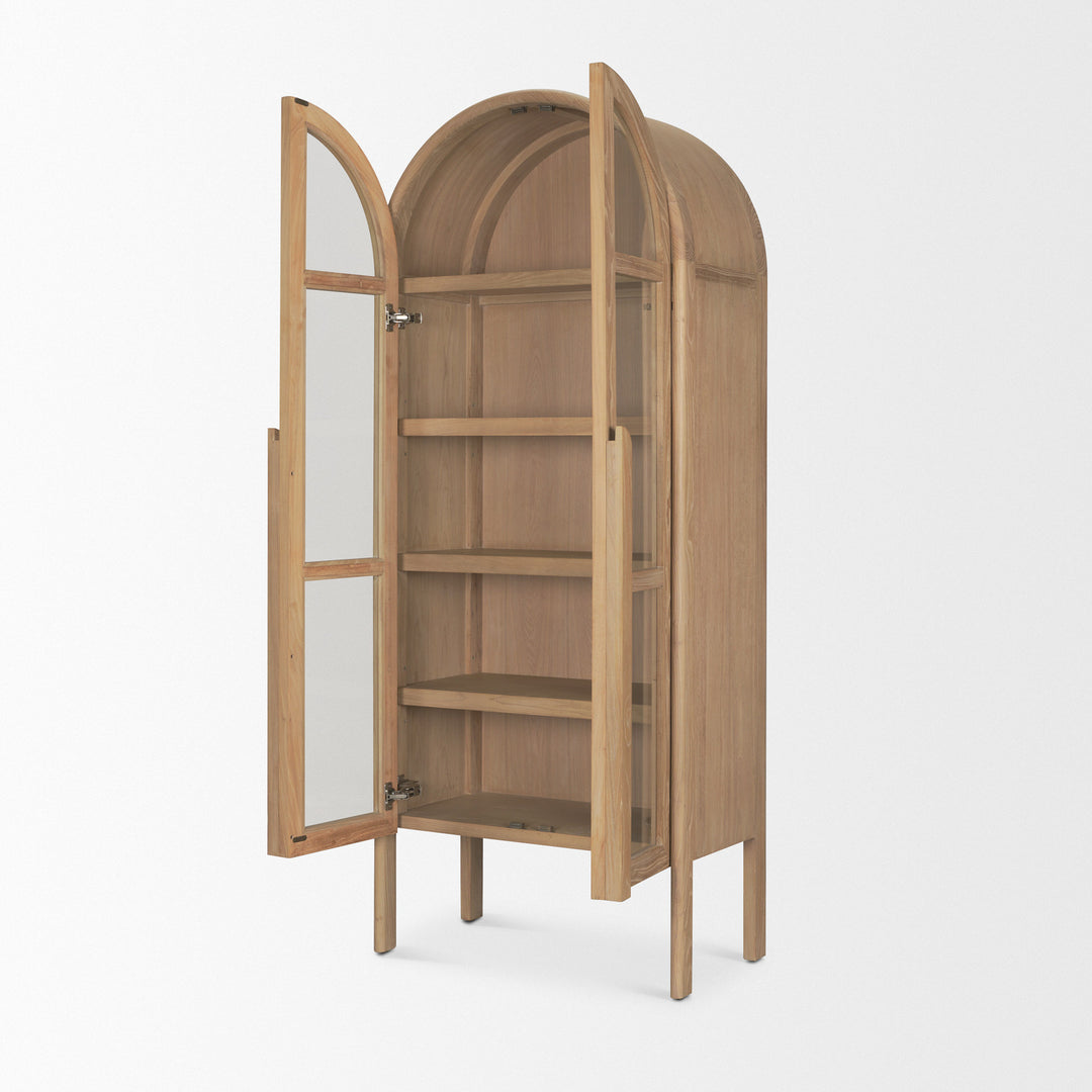Callum Light Brown Elm Wood w/ Glass Doors  Arched Curio Cabinet