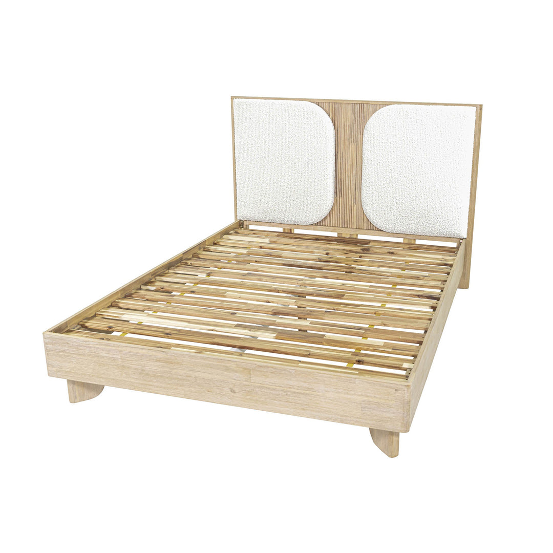 Haru Wood & Boucle Textured Fabric Queen Bed Frame