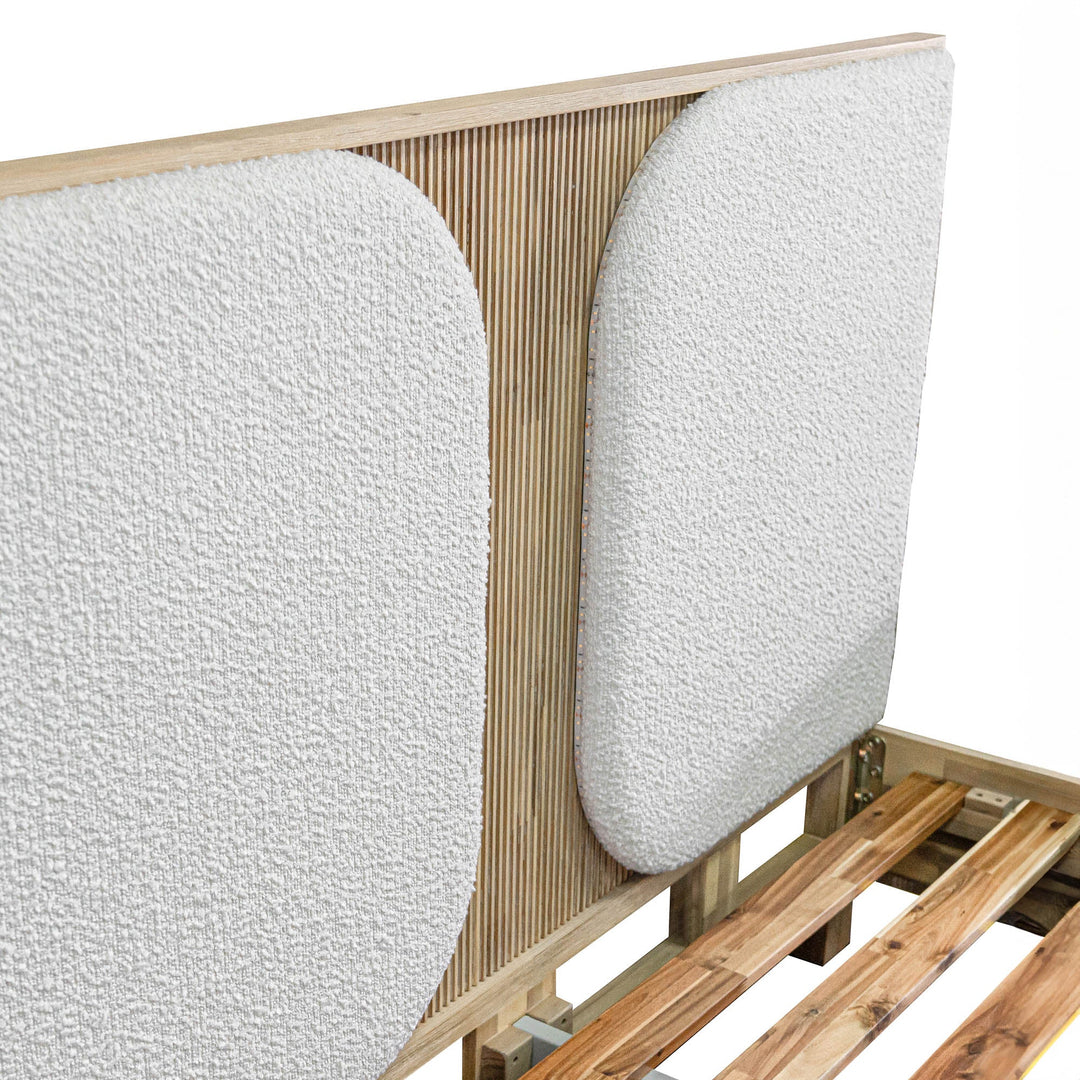 Haru Wood & Boucle Textured Fabric Queen Bed Frame