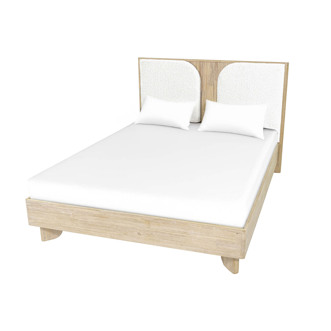 Haru Wood & Boucle Textured Fabric Queen Bed Frame